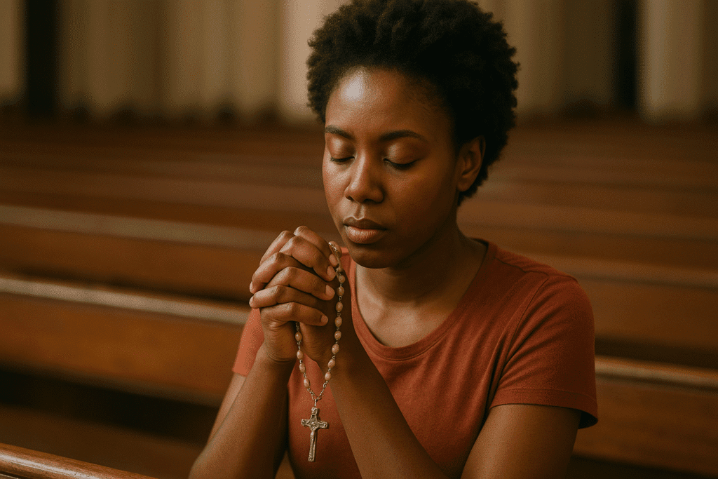 black woman praying the rosary, rosary prayers for purity