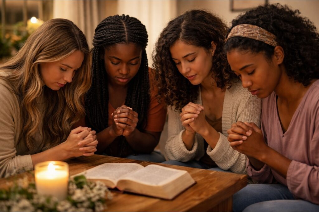 young catholic women of mixed ethnicities in prayer together seated huddled together by a desk with an open bible