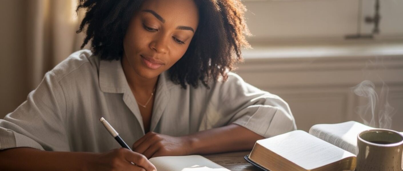 black catholic woman journaling by wide window with sunlight pouring in