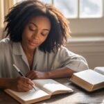 black catholic woman journaling by wide window with sunlight pouring in