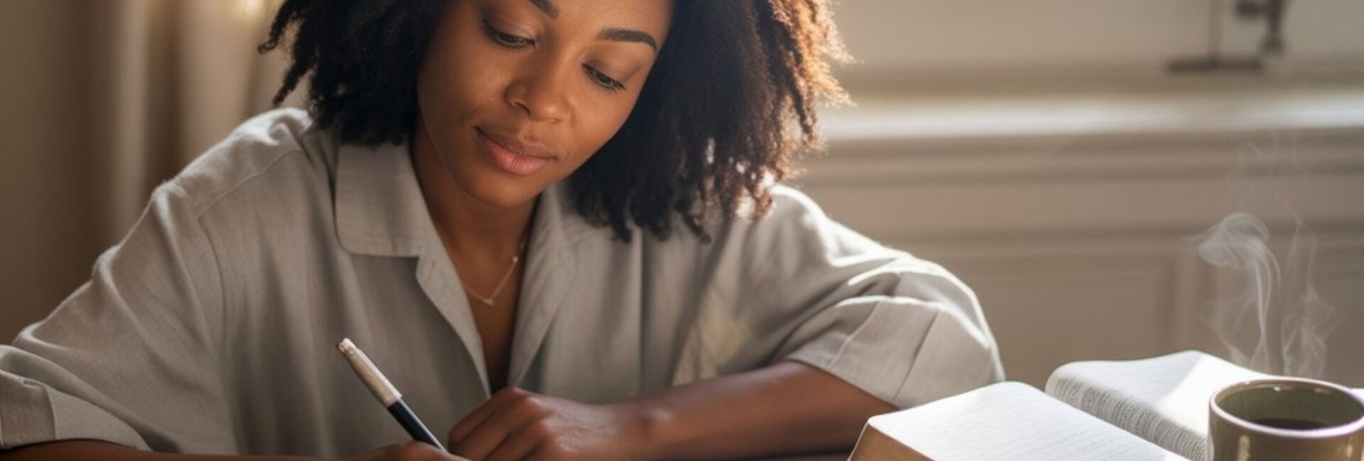 black catholic woman journaling by wide window with sunlight pouring in