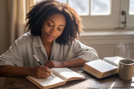 black catholic woman journaling by wide window with sunlight pouring in